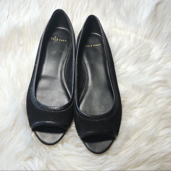 COLE HAAN OPEN TOE PEEPTOE SUEDE AND LEATHER FLATS - Picture 2 of 8